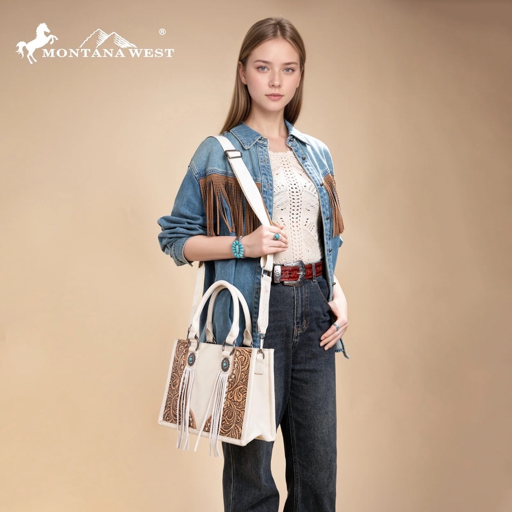 Montana West Tooled Concho Tote/Crossbody -Beige - Picture 5 of 6
